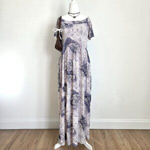 90s Whimsigoth Lace Maxi Dress Medium 3D Textured Purple Flowy Cottagecore Fairy